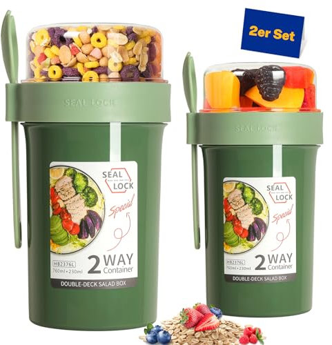 DUNSOO 2 Stück Müslibecher to Go, Joghurtbecher to Go 760 ml + 560 ml, Müsli to Go Becher mit Löffel, Auslaufsichere Picknick-Müslibecher (Grün)
