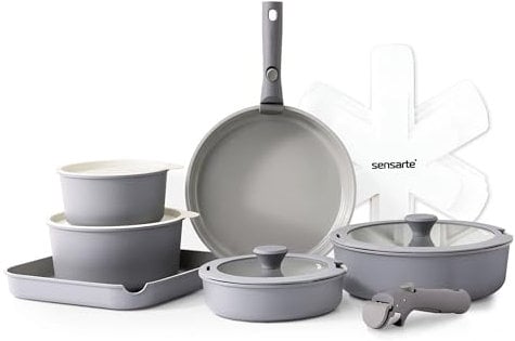 SENSARTE 17 Teiliges Keramik Topf und Pfannenset, Antihaft Kochgeschirr mit Abnehmbarem Griff, Induktionskochgeschirr mit Abnehmbarem Griff, Spülmaschinenfest (Grau)