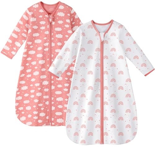 Unnivoll Baby Sleeping Bag 0.5 Tog 18-24 Months Long Sleeve Summer Sleep Sack 2 Pack 100% Cotton Baby Sleep Bag Wearable Blanket for Newborn Infant White Pink Rainbow