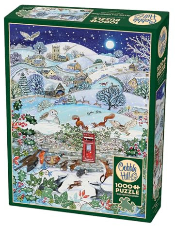 Cobble Hill 1000 Piece Puzzle Village on a Winter Night-Sample Poster Included, White and Black, Christmas Time