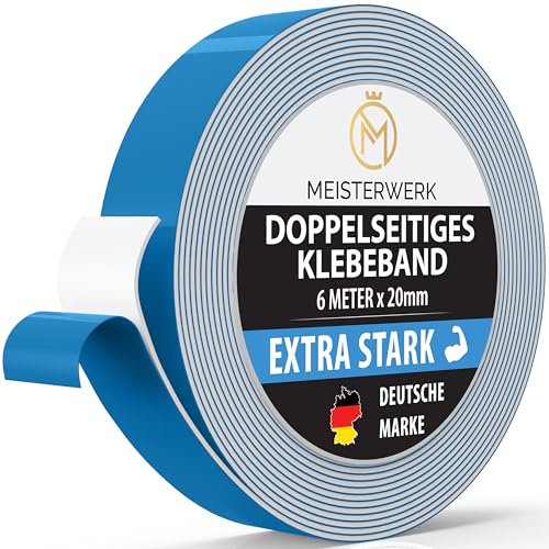MEISTERWERK Doppelseitiges Klebeband ohne Bohren - [EXTRA STARK] - Universelles Montageband I Doppelseitiges Klebeband stark I Doppelklebeband Klebeband (6m x 20mm)