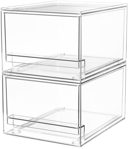 A-LuGei 2 Stücke 𝗦𝘁𝗮𝗽𝗲𝗹𝗯𝗮𝗿 Schubladen Organizer Schminktisch, 𝗧𝗿𝗮𝗻𝘀𝗽𝗮𝗿𝗲𝗻𝘁 Make up Organizer Schublade Kosmetik, Schubladenbox mit Deckel für Badezimmer Schrank Küchen Kühlschrank