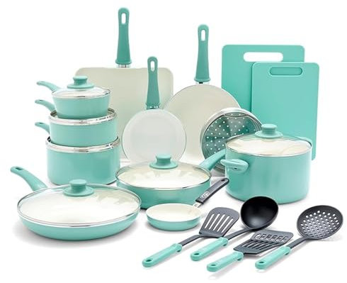 HJZSZX Soft Grip Healthy Ceramic Antihaft-Küchengeschirr-Set, 23-teilig, Töpfe und Brat-/Sauce-/Sautépfannen mit Küche, Türkis, 23-teiliges Kochgeschirr