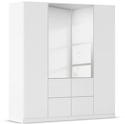 Rauch Möbel Bristol, Drehtürenschrank, Kleiderschrank, Schrank, Garderobe, 4-türig, 4 Schubladen, Spiegel, Farbe Weiß, Griffprofil Weiß, Push-to-Open, 181x197x54cm