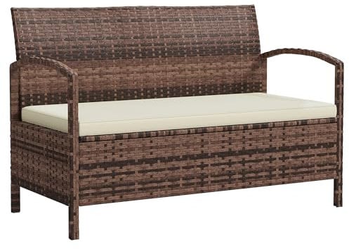 Outsunny Garden Storage Bench with 125L Capacity, 2 Seater PE Rattan Garden Bench with Storage, Cushion, Wicker Outdoor Bench Loveseat with Steel Frame for Patio, Brown