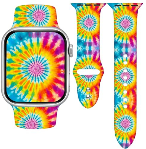 Correa de reloj de vacaciones con teñido anudado arcoíris compatible con Apple Watch de 1.496 pulgadas, 1.575 pulgadas, 1.614 pulgadas, para mujeres y hombres, correa de repuesto de silicona suave