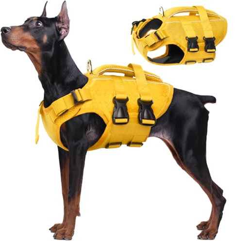 Kuoser Hunde Schwimmweste für kleine mittel große Hunde, Verstellbar & Ripstop Rettungsweste mit Rettungsgrif, Hoher Schwimmfähigkeit Haustier Lebensretter Welpen Badeanzüge für Strand GelbNeu XL