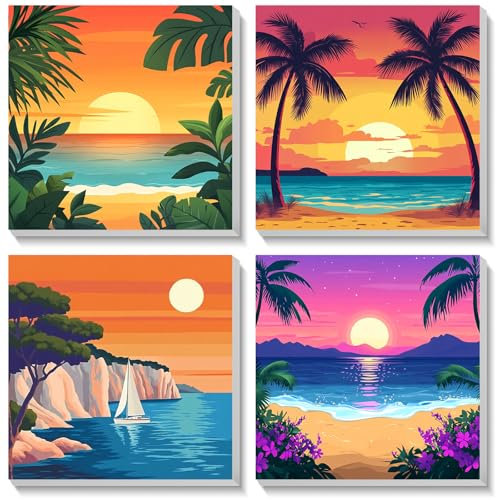 Bowetile 4 Pack Atardecer Pintar por Numeros Adultos Niños Principiantes con Marco, Kit DIY Cartoon Cuadros para Pintar por Numeros, Pintura Acrilica Manualidades Niña, Regalo 4-8-12+ Años 20X20cm