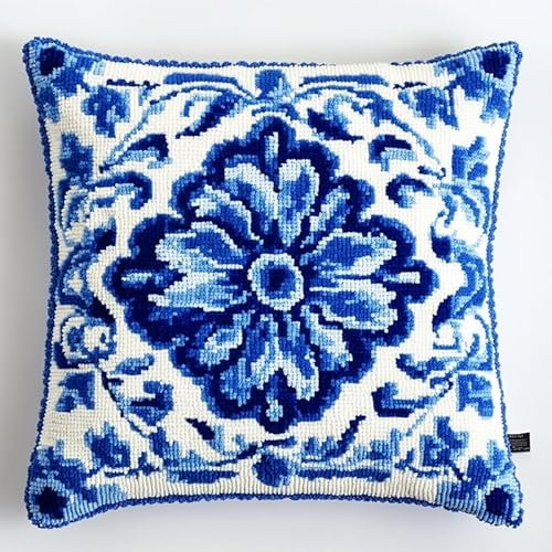 ANSIWEIGO Kreuzstich Stickpackungen Kissen Stickerei Set Anfänger Vorgedruckt Design 45x45cm Stickbilder Kreuzstich Kissen Set Stickkissen Kreuzstichkissen Blaue und weiße Blume