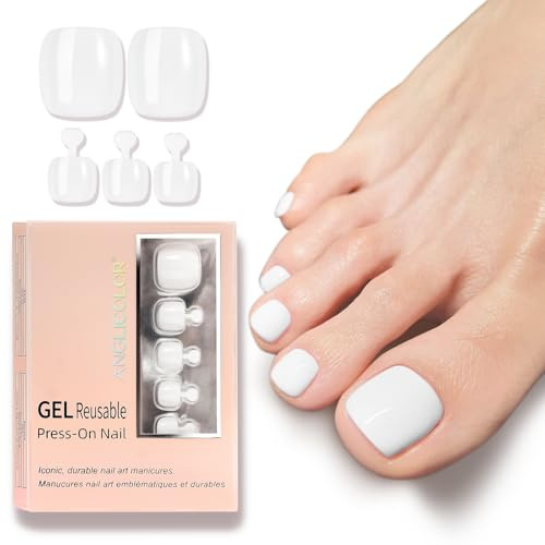 Anglicolor uñas postizas pies,uñas cuadradas blancas para pegar en uñas de mujer,16 tamaños 32 piezas de uñas postizas,cinta adhesiva para uñas (Blanco, 32 piezas)