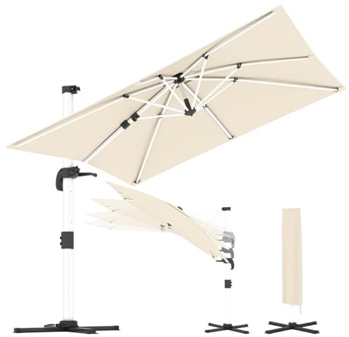 TRIUMPHKEY Sonnenschirm Balkon 300x400x260 cm Aluminium Freischwingender Sonnenschirm mit Kurbel Wasserdichter Gartenschirm,Obere Doppelschicht, UV50+ Sonnenschutz, 360° drehbar, Beige