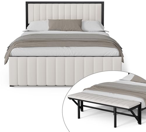 LIFEISLE Bett 140x200cm, Eisen Bettrahmen mit klappbarer Endbank, Polsterbett mit Kopfteil und Lattenrost Ohne Matratze, Großer Stauraum unter dem Bett Beige