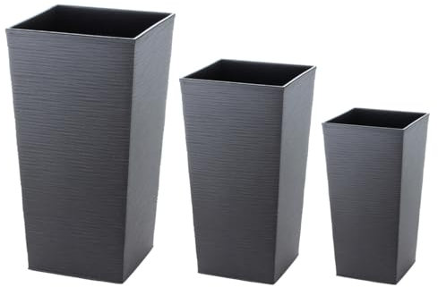 Engelland - 3er Set Pflanzkübel aus recyceltem Kunststoff & Holz, Anthrazit, Rillenoptik, Blumentopf-Set, nachhaltig, wetterfest, für Garten, Balkon, Terrasse, Innen- und Außenbereich