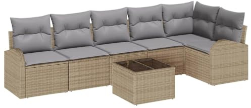 vidaXL Garten-Sofa-Set mit Kissen 7 pcs Beige und Hellgrau Poly Rattan, Garten und Terrasse, Moderne Möbel, rechteckige, wetterfeste Sitzplätze, modulare Couch und Stauraum, Set für die Terrasse