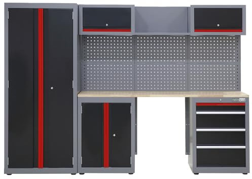 TRUTZHOLM Werkstattwand Werkstatteinrichtung 260 x 183 cm modulares Werkstattschranksystem flexibel zusammenstellbar, abschließbar, Hochschrank, Hängeschränke, Unterschränke mit Gasdruckfedern (Rot)