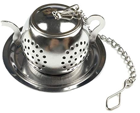 Infusore per tè sfuso a forma di teiera, in acciaio inox, con vassoio antigoccia a catena, filtro per spezie a base di erbe