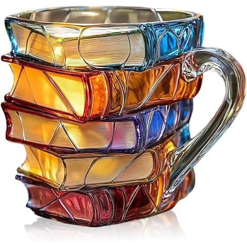 BPWXINL Painted Book Mug, handgefertigte Kaffeetasse aus farbigem Glas mit kreativen 3D-Büchern, Einzigartige Bücher Stack Kaffeebecher, Sammlung Geschenke für Literaturliebhaber,Style1