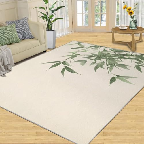 AUWUUA Bambusteppich, 200 x 300 cm, chinesische grüne Bambusblätter, waschbarer Wohnzimmerteppich, japanische Tuschmalerei-Teppiche für das Schlafzimmer, weicher kurzflor Rutschfester Zen-Teppiche