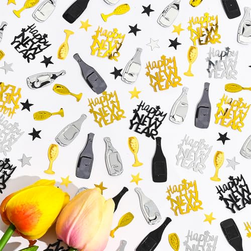 Whimzey 400 Stk Silvester Deko 2026 Happy New Year Konfetti Gold Silber,Glitzer Streudeko Silvester Tischdeko,Happy New Year Confetti für Neujahrsdeko,Silvesterdeko,Tischdeko Neujahr Party Decorations
