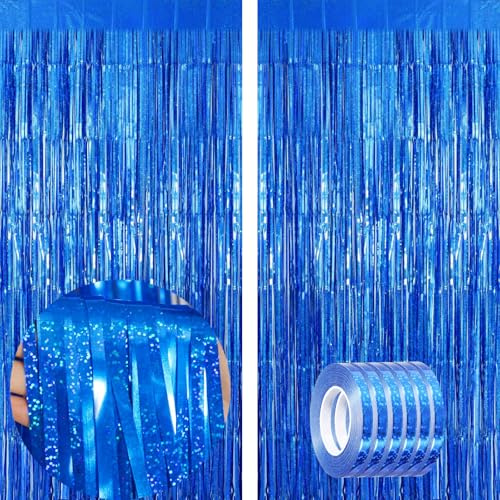 waziwe Lametta Vorhang Blau 2.5x1m (2 Stück), 6 Rollen Luftschlangen, Glitzervorhang Lametta Perfekt für Silvester, Karneval, Fasching, Hochzeit Deko und alle Arten von festlichen Dekorationen