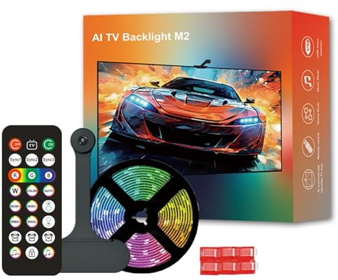 Waterproof TV LED Backlight Strip with AI Camera for Real-Time Music Game Color Sync Changing,RGB Color Changing Lights for TV, Camera Sensor Backlight Sync for Bedroom,Living room (For 55-65 inch TV)