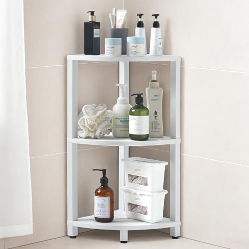 HDPS 3 Tier Floor Standing Corner Shower Caddy Organizer Shelf, Detachable Stool & Foot Rest,Waterproof & Durable Bathroom Shelves Stand Rack with Anti-Slip Feet, Space-Saving Design Storage