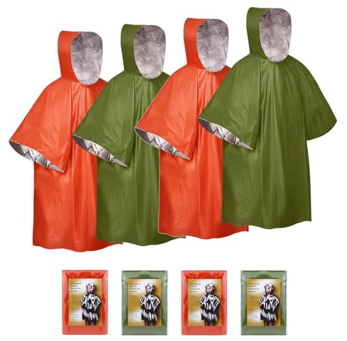 BaBahuanhuan Emergency Survival Poncho (4pc) Thermal Mylar Foil Coating Blanket for Heat Retention and Rain | Reversible with Hood | Waterproof, Windproof, Portable, Hands-free (Orange, Green)