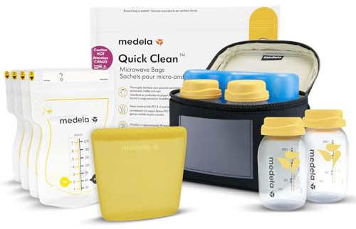 Medela All-in-One Set zur Aufbewahrung von Muttermilch mit 150ml-Flaschen, Easy Pour & wiederverwendbaren Muttermilchbeuteln, Quick Clean Mikrowellenbeuteln & Kühltasche mit passend geformtem Kühlakku