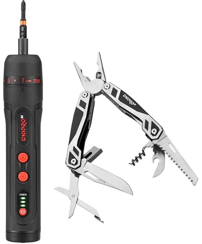 DNIPRO-M Destornillador Eléctrico 3.6V 4,5 Nm + Multiherramienta 17 en 1 Acero Inoxidable, USB-C, Luz LED, Kit Herramientas para Hogar, Bricolaje, Camping y Coche – CSD-40X