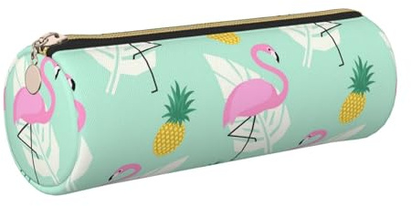 HEBSDFG Trousse ronde en cuir avec imprimé flamant rose et ananas - Avec fermeture éclair dorée - Pour l'école, le bureau, les voyages, doré, One Size, Cartable