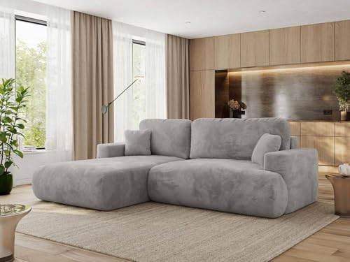 MKS MEBLE Ecksofa Wohnlandschaft L-Form mit Schlaffunktion und Bettwäscheschrank, Schlafsofa mit Bettkasten, modernes Sofa OVO L - Links - Hellgrau Plüsch