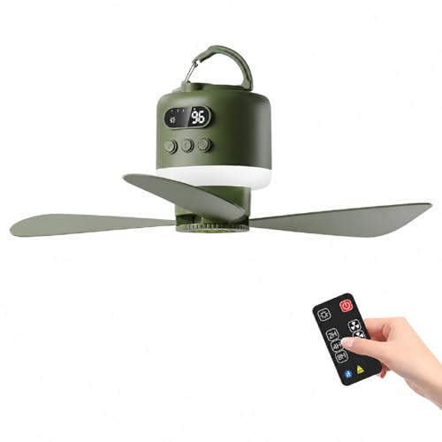 15600 mAh Camping Ventilator Batteriebetrieben,Deckenventilator Akku mit Beleuchtung Camping, ,USB Wiederaufladbar mit Fernbedienung, C-amping Ventilator Akku für Angeln, Wandern, Outdoor (green)