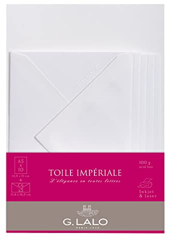 Clairefontaine Lalo 62200L Korrespondenz Set Toile impériale (mit 5 Blatt DIN A5, 14,8 x 21 cm, gerade Kante und 5 Umschläge, 11,4 x 16,2 cm, nassklebend und gefüttert) weiß