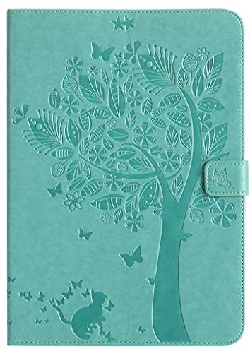 SATURCASE Custodia protettiva a portafoglio in pelle PU con motivo albero di gatto in rilievo, con chiusura magnetica, scomparti per carte di credito, per Samsung Galaxy Tab A 9.7 SM-T550 T555 (verde)