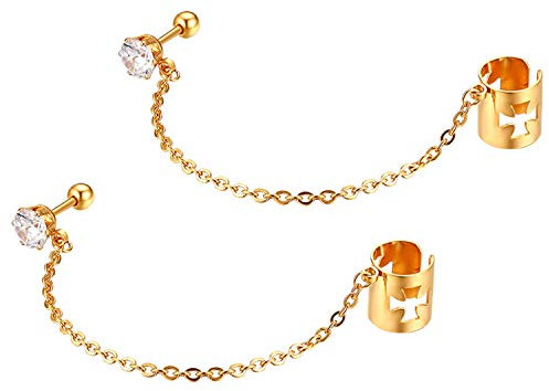 JewelryWe Schmuck Ohrklemme mit Kette Edelstahl Zirkonia Eisernes Kreuz Ohrringe Ohrclips Ohr Manschetten Fake Piercing Ohrstecker für Damen Herren Gold