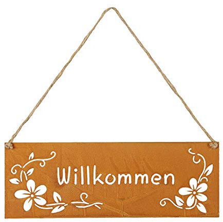 levandeo Schild Willkommen 25x9cm Außen Garten-Deko Rost Blumen Metall Türschild Wandbild Außendeko