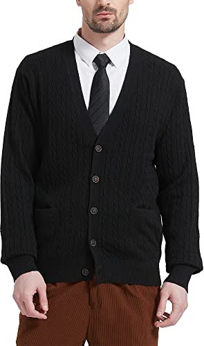 Kallspin Men’s Wool Blend Cardigan Sweater Cable Knit V Neck Button Front Casual Knitwear Jumper(Black, 2X-Large)