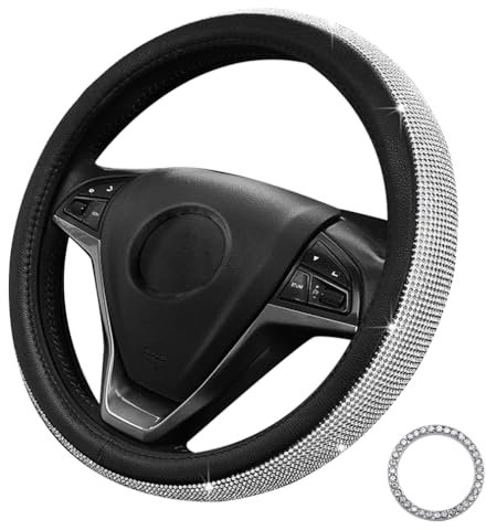 Lifetooler Lenkradbezug Glitzer mit Bling Strass Lenkradhülle Leder Strasssteine Atmungsaktive Universal 38cm/15 Inch Bequem Anti Rutsch Auto Accessoires für Frauen (schwarz-weiß)