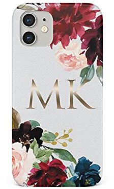 Tirita Personalised Initials Custom Hard Phone Case Compatible with iPhone 12 Mini PRINTED GLITTER, NOT REAL GLITTER Floral Flowers Gold Monogram White