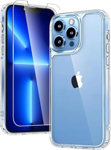 TAURI 3 in 1 für iPhone 13 Pro Hülle 6,1 mit 2 Stück Panzerglas Schutzfolie, Schutz nach Militärstandard, [Anti-Vergilbung] Stoßfest Transparent Handyhülle - Durchsichtig