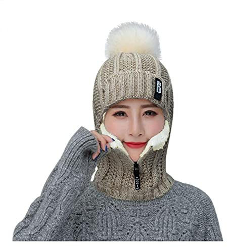 qudang Winter Mütze Schal Set Damen Wintermütze mit Bommel Reißverschluss Sturmhaube Unisex Strickmütze Dicke Fleecefutter 3 in 1 Warm Gefüttert für Outdoor-Wintersport