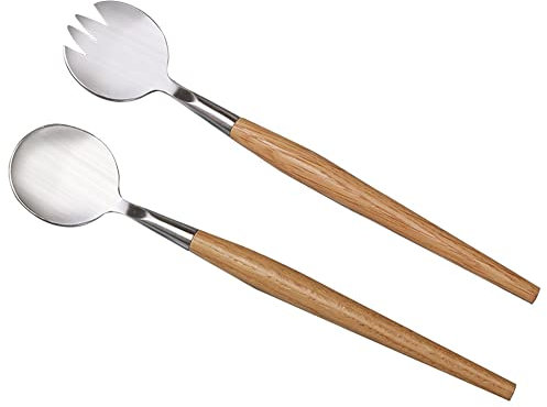 Salatbesteck aus Edelstahl Holzgriff,28cm Salatzange Serviergeschirr Set Salatmixen Gabel Löffel Langer Griff Salatgabel Salatlöffel Set Holzbesteck Kochutensilien Besteck Set für Küche Esszimmer