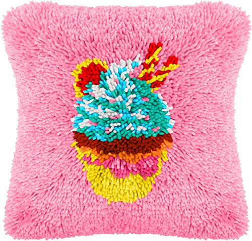 Kit de gancho de pestillo para adultos y niños – Patrón de magdalena de 43 x 43 cm, kits completos de manualidades para hacer cojines con hilo y lona y aguja de ganchillo, funda de almohada con gancho