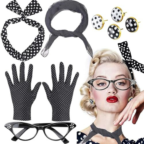 Mikqky 9 Stück Rockabilly Accessoires 50-er, 50er Jahre Rockabilly Kostüm Accessoires D-amen, 1950s Z-ubehör Set, 50er Jahre Damen Kleid Zubehör, Damen 1950s Zubehör Set, Für Partys Versammlungen