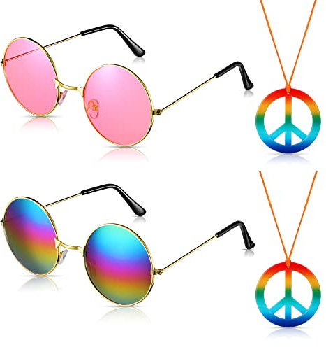 4 Stück Hippie Kostüm Zubehör Hippie Brille Friedenszeichen Halskette Retro Hippie 60er Jahre Accessoires für Frauen Herren Hippie Kostüm Party Zubehör für Halloween Festival