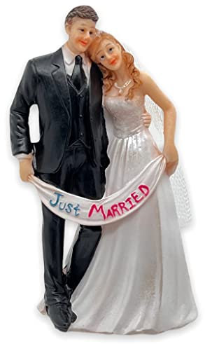 Tortenfigur Hochzeit Brautpaar Tortenaufsatz Tortendeko Hochzeitspaar für Torte Cake-Topper Hochzeitstorte, Dekofigur Hochzeitspaar Wedding Trauung (mit Banner Just Married)