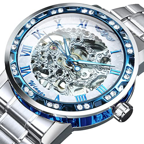 YONY Neue mechanische Uhr Männer schnitzen Kristall Iced Out Herrenuhren Top-Marke Luxus Stahlband Unisex Größe Uhr-Silber BLAU WEIß