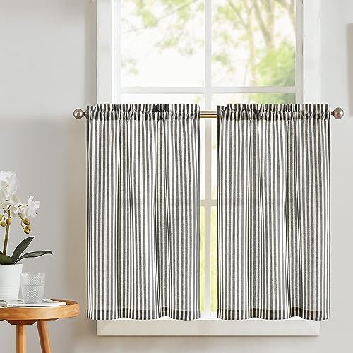 TOPICK 2er Set H 90 x B 65 (cm) Gestreifte Scheibengardinen Leinen Gardinen mit Streifen Küchenvorhang Blickdicht Kurz Küchengardinen für Küchen Esszimmer Badezimmer Klein Fenster Schwarz auf Beige