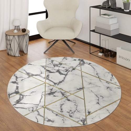 TT Home Wohnzimmer Teppich Kurzflor Wohnzimmerteppich 3D Optik Modern Marmor Design, Farbe:Gold 4, Größe:160 cm Rund