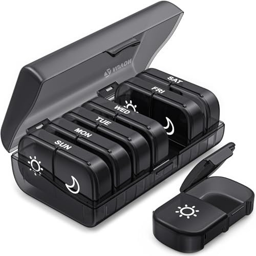AUVON Pill Box Organiser, XL Weekly Pill Box 7 Day 2 Times a Day with One-Side Large Opening Design for Easy Filling, Tablet Organiser with Black Privacy Protection for Medication/Vitamins/Fish Oils